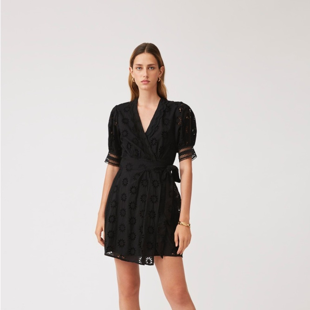 SUNCOO Elegant Black Eyelet Wrap Dress